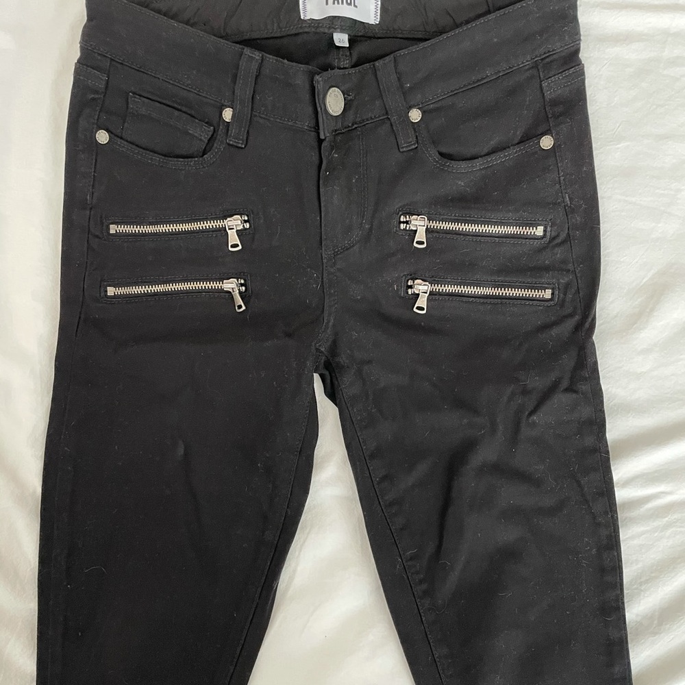 PAIGE Moto Zip Ultra Skinny Black Jeans, Sz 26